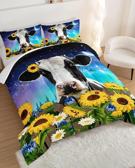 HOSIMA Cow Print Comforter with 2 Pillowcases,Farm Animal Theme Bedding Set Sunflower Twin Bed in a Bag Sets for Adults Teens Kids,Farm Starry Sky Toddler Comforter Floral Bedding Set. - LeafyLoom