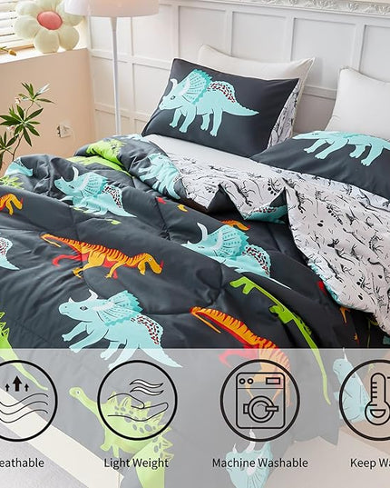 RYNGHIPY Dinosaur Bedding Set Queen Size Dinosaur Kids Comforter Set for Boys Girls Soft Breathable Cute Dinosaur Bed Set for All Season (Black,Queen) - LeafyLoom