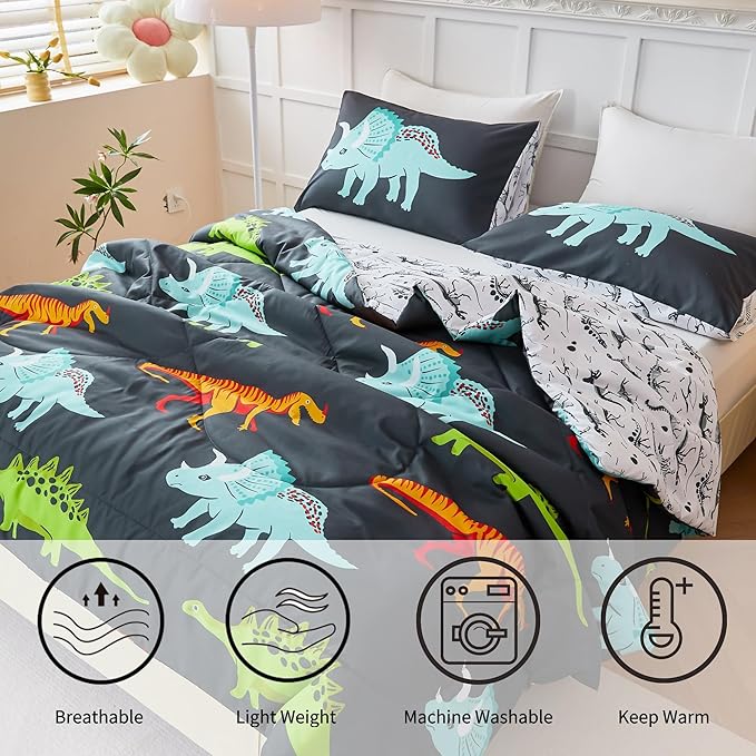 RYNGHIPY Dinosaur Bedding Set Queen Size Dinosaur Kids Comforter Set for Boys Girls Soft Breathable Cute Dinosaur Bed Set for All Season (Black,Queen) - LeafyLoom