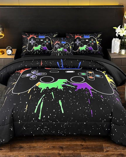 DORCAS Twin Size Gamer Comforter Set with Sheets for Boys,Game Console Black Bedding Set for Kids,6 Pieces Bedding Set Boys Colorful Graffiti Gaming Comforter,Sheets,Pillowcases (Black, Twin) - LeafyLoom