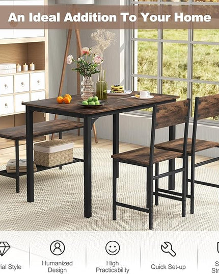 Dining Table Set for 4, Dinette Set w/Bench & Chairs, 2-Person Kitchen Table and Chairs w/Metal Frame & Storage Rack, Space-Saving Kitchen Table w/Bench for Apartment (Rustic Brown), Small - LeafyLoom