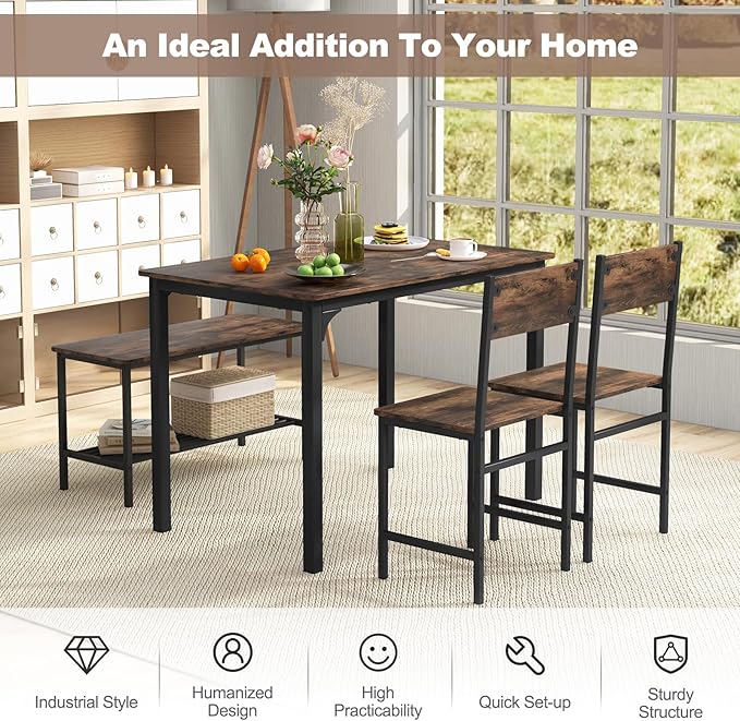 Dining Table Set for 4, Dinette Set w/Bench & Chairs, 2-Person Kitchen Table and Chairs w/Metal Frame & Storage Rack, Space-Saving Kitchen Table w/Bench for Apartment (Rustic Brown), Small - LeafyLoom