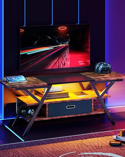 Bestier LED TV Stand for Bedroom TV Entertainment Center 55 inch for TV up to 65 in, Gaming TV Console W/Fabric Drawer Storage for Living Room with LED Lights 20 Modes, Rustic Brown - LeafyLoom
