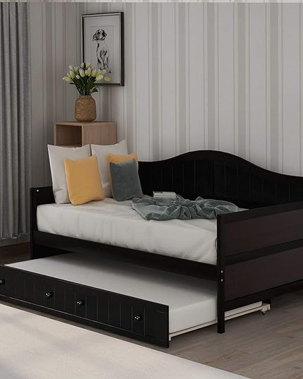 Twin Size Wooden Daybed, with Trundle and Wood Slat Support, Traditional Lodge Beadboard Design & Classic Arch Profile, Suitable for Children's Room, Guest-Room, Living-Room - LeafyLoom