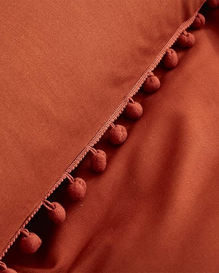 Burnt Orange Comforter Set Full Size Rust Pom Comforter 3 PCs Burnt Orange Boho Ball Pom Fringe Full Comforter Bedding Set Women Solid Terracotta Full Bed Comforter Set All Season Gift - LeafyLoom