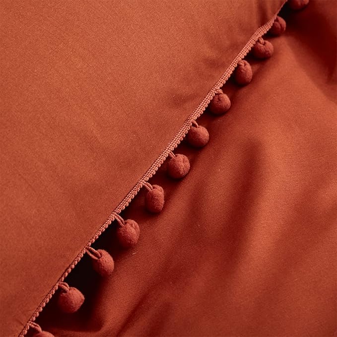 Burnt Orange Comforter Set Full Size Rust Pom Comforter 3 PCs Burnt Orange Boho Ball Pom Fringe Full Comforter Bedding Set Women Solid Terracotta Full Bed Comforter Set All Season Gift - LeafyLoom