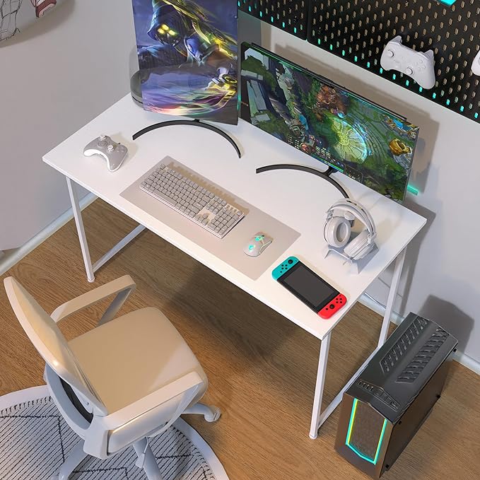YSSOA Computer Desk Home Office Work Study Writing Modern Simple Table with Headphone Hooks, 47 Inch, Basic White - LeafyLoom