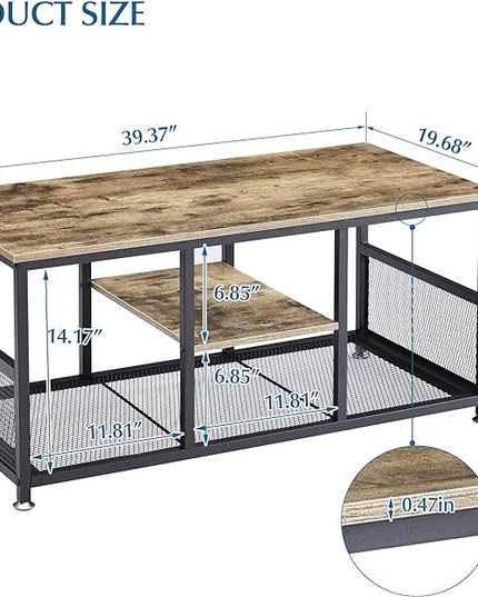 VECELO Coffee Center Table with Storage for Living Room Office Reception, Modern & Industrial Mesh Shelf, 39.4 Inch, Grey - LeafyLoom