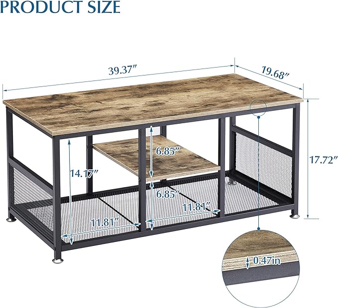 VECELO Coffee Center Table with Storage for Living Room Office Reception, Modern & Industrial Mesh Shelf, 39.4 Inch, Grey - LeafyLoom