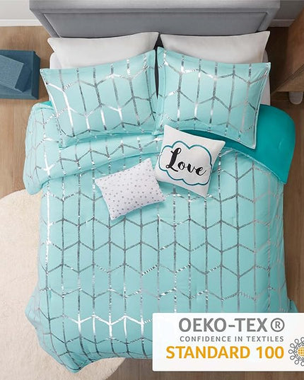 Intelligent Design Raina Full / Queen Comforter Set, Soft Microfiber Comforter Set Queen, Modern Geometric Metallic Bed Set, 5 Pieces College Bedding Comforter Set with 2 Shams, 2 Toss Pillows Aqua - LeafyLoom