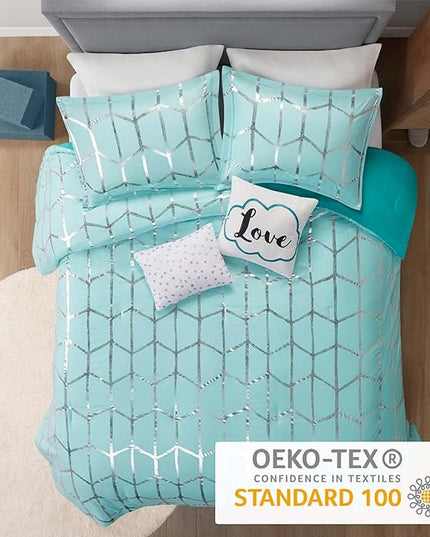 Intelligent Design Raina King / Cal King Comforter Set, Soft Microfiber Comforter Set King, Modern Geometric Metallic Bed Set, 5 Pieces College Bedding Comforter Set with 2 Shams, 2 Toss Pillows Aqua - LeafyLoom