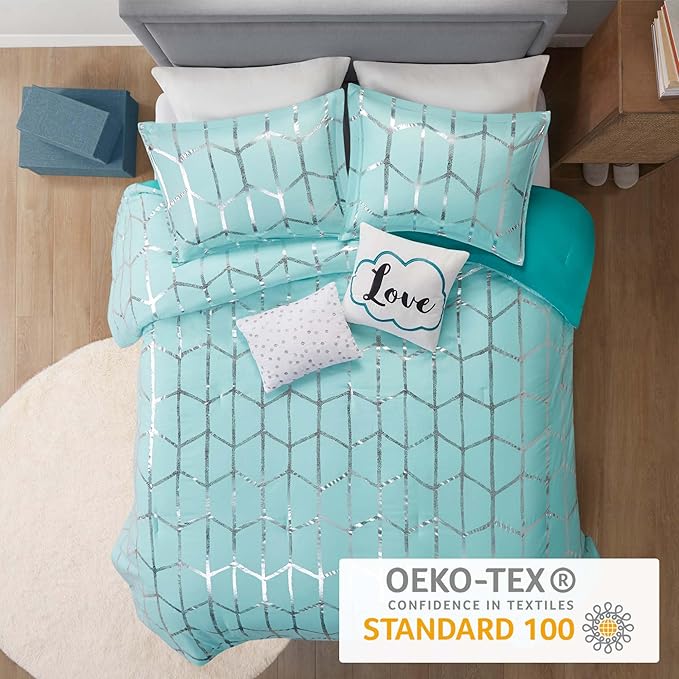 Intelligent Design Raina King / Cal King Comforter Set, Soft Microfiber Comforter Set King, Modern Geometric Metallic Bed Set, 5 Pieces College Bedding Comforter Set with 2 Shams, 2 Toss Pillows Aqua - LeafyLoom