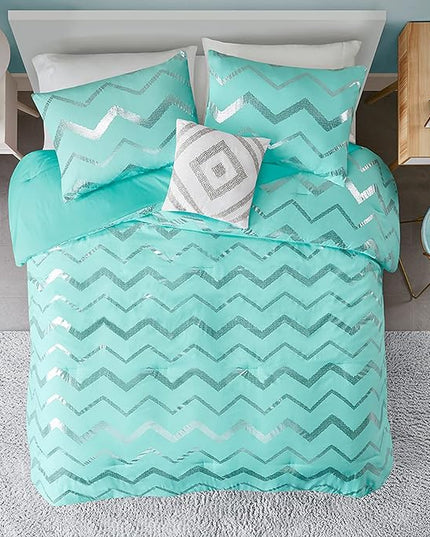 Codi Metallic Teal and Silver Comforter Set, Full/Queen Size, Cute Aqua Turquoise Bedding Sets, 4 Piece (2 Matching Sham + 1 Decorative Pillow) - LeafyLoom