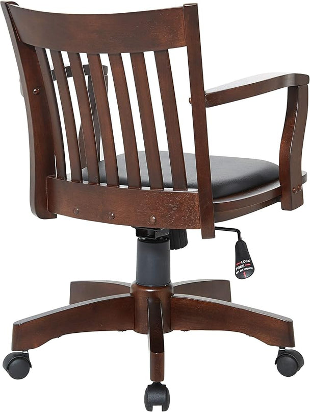 OSP Home Furnishings Deluxe Wood Banker's Desk Chair with Padded Seat, Adjustable Height and Locking Tilt, Espresso Finish and Black Vinyl - LeafyLoom