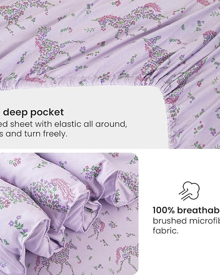 Mooreeke Twin Size Comforter Sets for Girls Kids, 6 Pieces Bed in a Bag Purple Floral Unicorn Bedding Comforter Sheet Set with Shams and Decorative Toy Pillow, Ultral Soft Microfiber Kids Bed Set - LeafyLoom