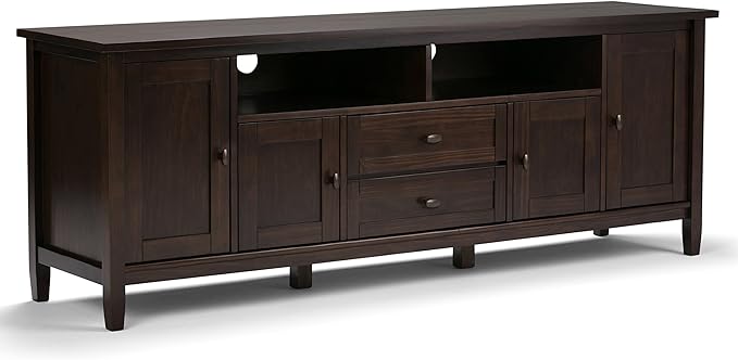 SIMPLIHOME Warm Shaker SOLID WOOD Universal TV Media Stand, 72 Inch Wide, Farmhouse Rustic, Living Room Entertainment Center, for Flat Screen TVs up to 80 Inch in Tobacco Brown - LeafyLoom