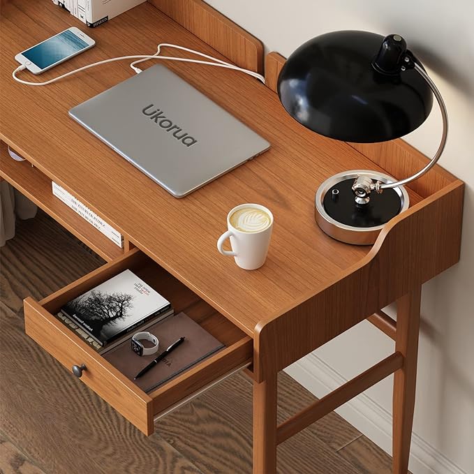 Vintage-style Desk with Scandinavian Flair, Computer or Laptop Desk, Writing Desk with Drawer and Open Storage Cubby, Small Space Dressing Table. - LeafyLoom