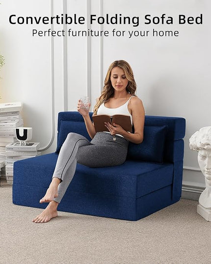 Convertible Folding Sofa Bed - Sleeper Chair with Pillow, Modern Linen Fabric Floor & Futon Couch, Foldable Mattress for Living Room/Dorm/Guest Use/Home Office/Apartment, Full Size, Navy Blue - LeafyLoom