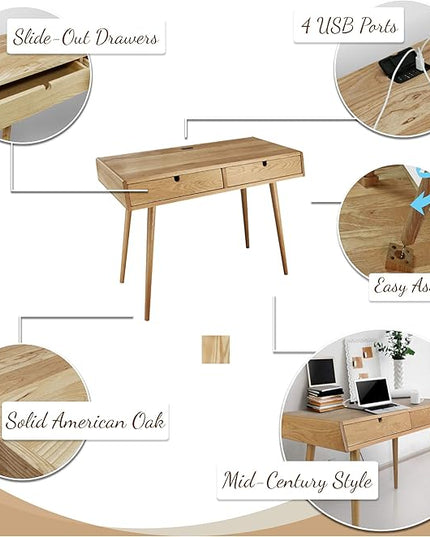 American Trails Freedom Made of Solid American Desk with USB Ports, Natural Oak (New) - LeafyLoom