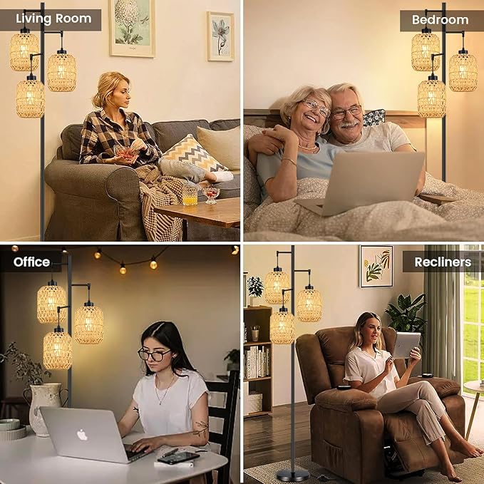 Floor Lamp for Living Room,Bedroom,Boho Rattan Tree 3 Lights Farmhouse Floor Lights,Industrial Black Standing Lamp Wicker Rustic Tall Lamp,Woven Bamboo LampShade Floor Lamps Bohemian - LeafyLoom