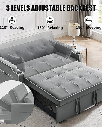3 in 1 Loveseat Sofa Bed, Pull Out Couch Sleeper with Storage, Full Size Velvet Convertible Chair with 2 Pockets & 2 Pillows for Living Room, Grey - LeafyLoom