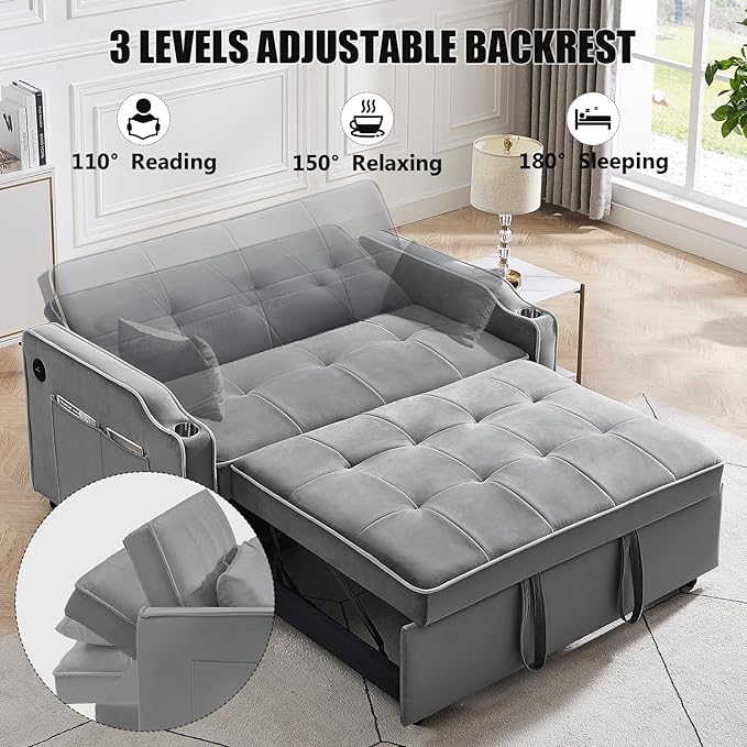 3 in 1 Loveseat Sofa Bed, Pull Out Couch Sleeper with Storage, Full Size Velvet Convertible Chair with 2 Pockets & 2 Pillows for Living Room, Grey - LeafyLoom