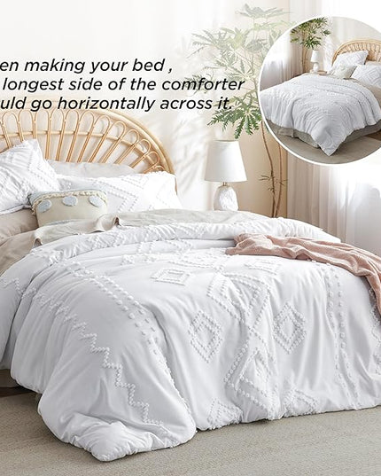Bedsure Boho Comforter Set King - White Tufted Bedding Comforter Set, 3 Pieces Farmhouse Shabby Chic Embroidery Bedding Set, Soft Geometric Pattern Comforter for All Seasons - LeafyLoom