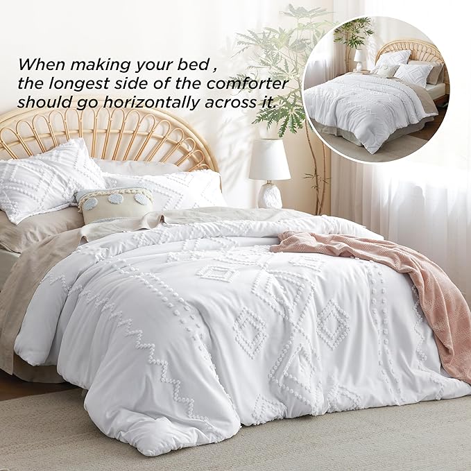 Bedsure Boho Comforter Set King - White Tufted Bedding Comforter Set, 3 Pieces Farmhouse Shabby Chic Embroidery Bedding Set, Soft Geometric Pattern Comforter for All Seasons - LeafyLoom
