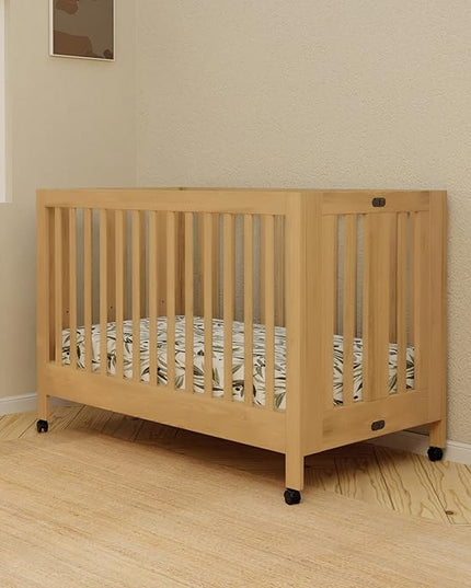 Babyletto Maki Full-Size 2-in-1 Portable Folding Crib with Toddler Bed Conversion Kit in Honey, Greenguard Gold Certified - LeafyLoom