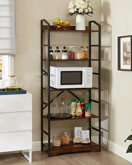 Vagusicc 5 Tier Bookshelf with 2 Storage Baskets, Tall Bookcase Shelf Storage Organizer Wood Book Shelf, Modern Shelf Rack Shelves with Steel Frame, Multipurpose Bookshelf for Bedroom Living Room - LeafyLoom