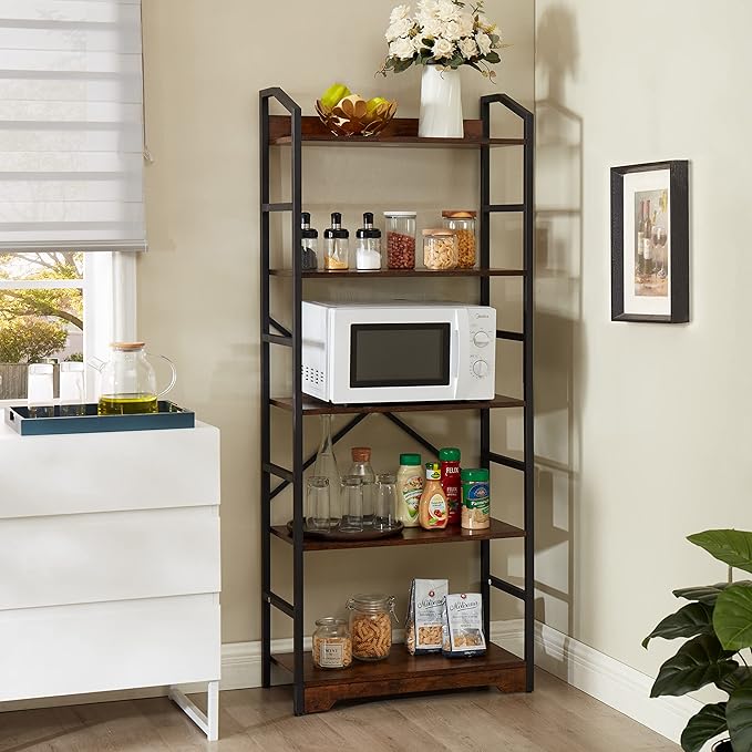 Vagusicc 5 Tier Bookshelf with 2 Storage Baskets, Tall Bookcase Shelf Storage Organizer Wood Book Shelf, Modern Shelf Rack Shelves with Steel Frame, Multipurpose Bookshelf for Bedroom Living Room - LeafyLoom