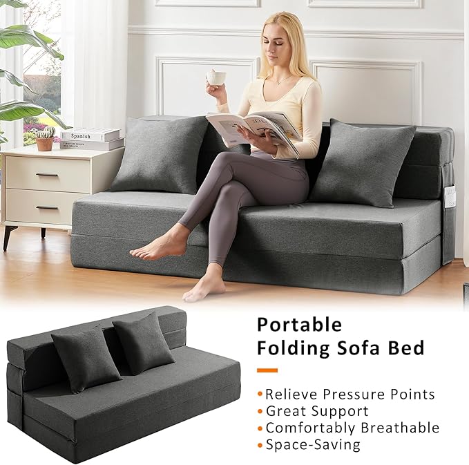 Queen Size Folding Sofa Bed - 4 in 1 Sleeper Chair with Two Pillows - High Density Memory Foam Futon Couch - Convertible Folding Bed with Washable Modern Linen Cover for Apartment (Dark Grey) - LeafyLoom