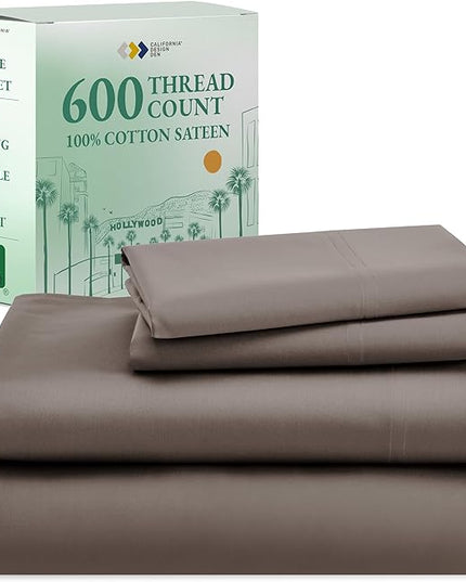 California Design Den Twin XL Sheet Set, 600 Thread Count Sateen, 100% Cotton Deep Pocket Sheets, Soft, Cooling Brown Sheet Set, Hotel-Quality Bedding - Brown - LeafyLoom
