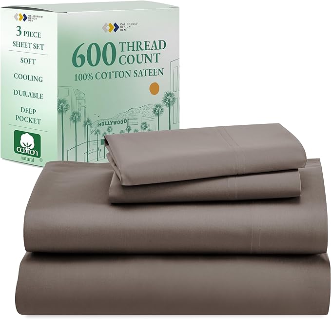 California Design Den Twin XL Sheet Set, 600 Thread Count Sateen, 100% Cotton Deep Pocket Sheets, Soft, Cooling Brown Sheet Set, Hotel-Quality Bedding - Brown - LeafyLoom
