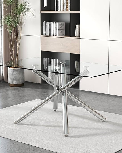 NicBex Large Modern Minimalist Rectangular Glass Dining Table for 6-8 with 0.39" Tempered Glass Tabletop and Silver Chrome Metal Legs for Kitchen Dining Living Meeting Room Banquet Hall, Silver - LeafyLoom