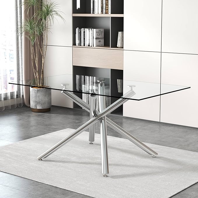 NicBex Large Modern Minimalist Rectangular Glass Dining Table for 6-8 with 0.39" Tempered Glass Tabletop and Silver Chrome Metal Legs for Kitchen Dining Living Meeting Room Banquet Hall, Silver - LeafyLoom