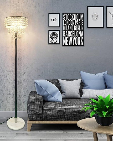 Modern K9 Clear Glass Crystals Floor Lamp with 3 LED Bulbs, On/Off Foot Switch, Crystal & Glass 3-Lights Standing Light, Reading Corner Lamp for Office Cafe, Living Room Bedroom (Chrome) - LeafyLoom