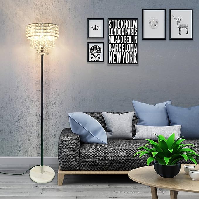 Modern K9 Clear Glass Crystals Floor Lamp with 3 LED Bulbs, On/Off Foot Switch, Crystal & Glass 3-Lights Standing Light, Reading Corner Lamp for Office Cafe, Living Room Bedroom (Chrome) - LeafyLoom