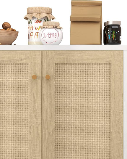 Panana Rattan Decorated 2 Doors Storage Cabinet Accent Cabinet Living Room Cupboard Kitchen Sideboard Buffet Table (White) - LeafyLoom