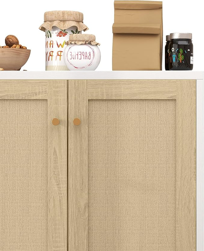Panana Rattan Decorated 2 Doors Storage Cabinet Accent Cabinet Living Room Cupboard Kitchen Sideboard Buffet Table (White) - LeafyLoom