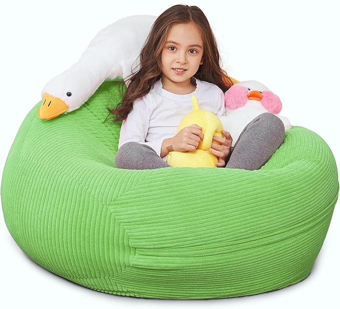 Stuffed Animal Storage Bean Bag Chair Cover for Kids, 38" Beanbag Chairs Cover Plush Toys Organizer Super Soft Corduroy with Handle and Zipper for Boys and Girls - Green - LeafyLoom