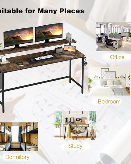 Shintenchi 63 inch Computer Desk with Monitor Stand, Stable Design Writing Desk, Study Workstation Home Office Table with Storage Bag & Hook, Vintage Brown - LeafyLoom