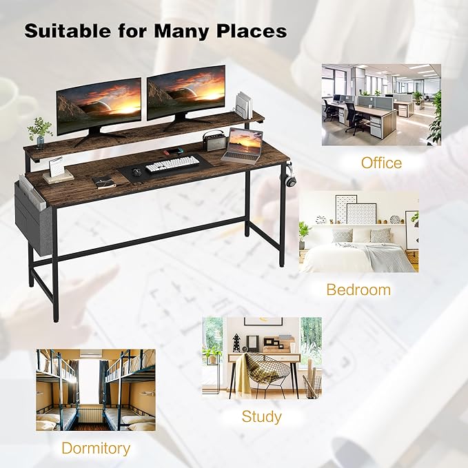 Shintenchi 63 inch Computer Desk with Monitor Stand, Stable Design Writing Desk, Study Workstation Home Office Table with Storage Bag & Hook, Vintage Brown - LeafyLoom