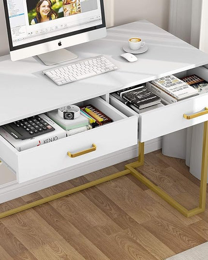 Tribesigns 40 Inch Computer Desk, White and Gold Desk with 2 Drawers, Modern Simple Home Office Desk, Gold Writing Desk Study Table for Bedroom, Modern Makeup Vanity Desk for Small Spaces - LeafyLoom
