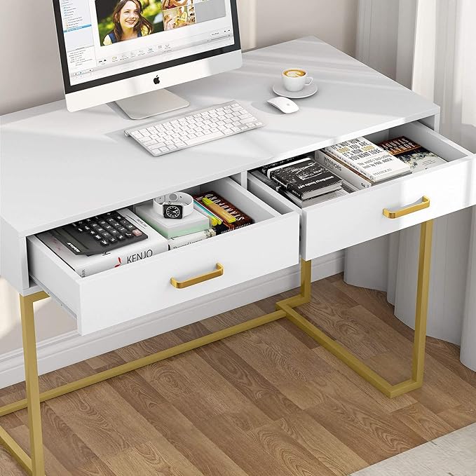 Tribesigns 40 Inch Computer Desk, White and Gold Desk with 2 Drawers, Modern Simple Home Office Desk, Gold Writing Desk Study Table for Bedroom, Modern Makeup Vanity Desk for Small Spaces - LeafyLoom