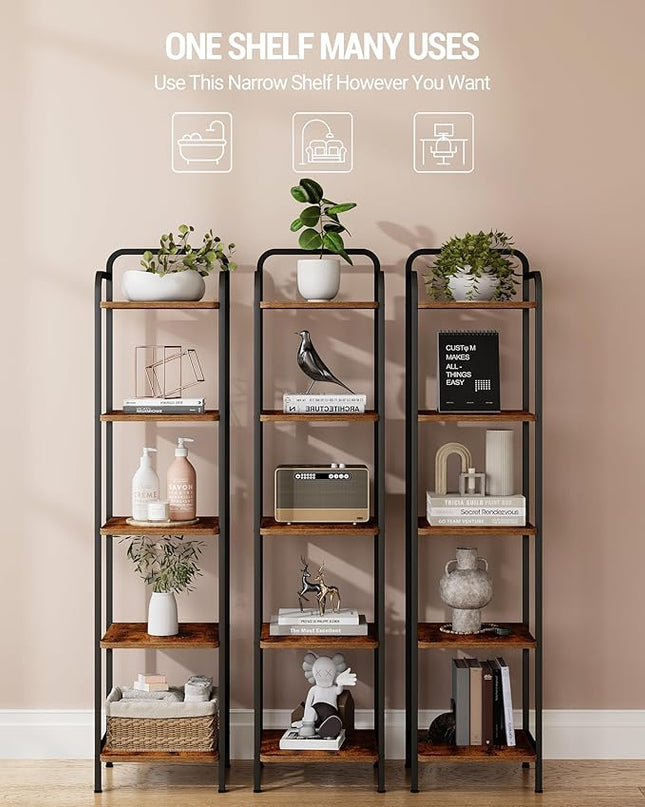 Bookcase Bookshelf, Narrow Book Shelf, Industrial Coner Shelf Storage Organizer, Slim Shelving Unit for Home Office, Living Room, Bedroom, Kitchen, 5-Tier Rustic Brown BC24501B - LeafyLoom