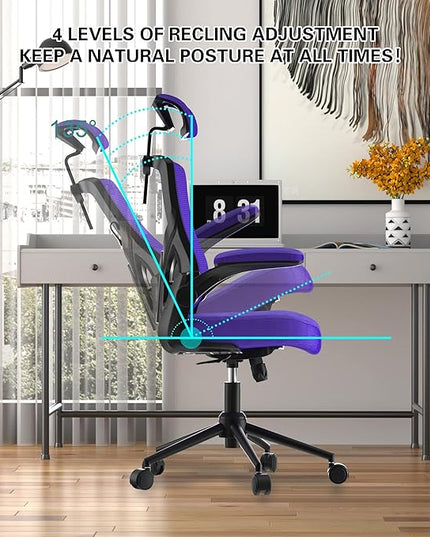 𝑯𝑶𝑴𝑬 𝑶𝑭𝑭𝑰𝑪𝑬 𝑪𝑯𝑨𝑰𝑹, Ergonomic Mesh Desk Chair, High Back Computer Chair- Adjustable Headrest with Flip-Up Arms, Lumbar Support, Swivel Executive Task Chair (Modern, Blue Violet) - LeafyLoom