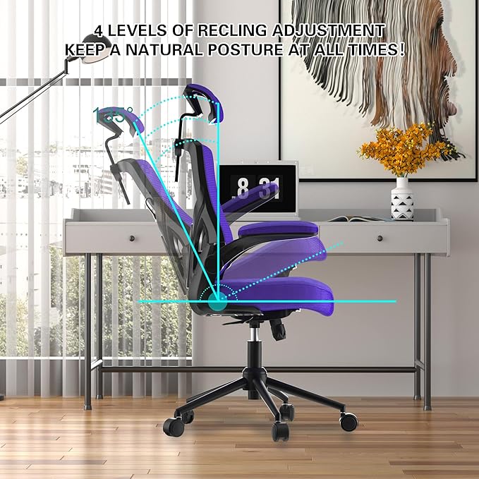 𝑯𝑶𝑴𝑬 𝑶𝑭𝑭𝑰𝑪𝑬 𝑪𝑯𝑨𝑰𝑹, Ergonomic Mesh Desk Chair, High Back Computer Chair- Adjustable Headrest with Flip-Up Arms, Lumbar Support, Swivel Executive Task Chair (Modern, Blue Violet) - LeafyLoom