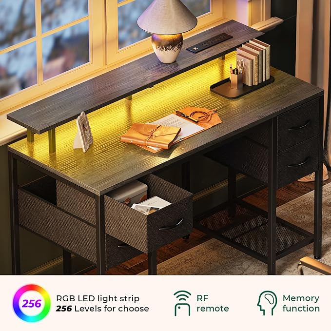 47 inch Computer Desk with 4 Drawers, Gaming Desk with LED Lights & Power Outlets, Home Office Desk with Large Storage Space for Bedroom, Work from Home, Gray - LeafyLoom
