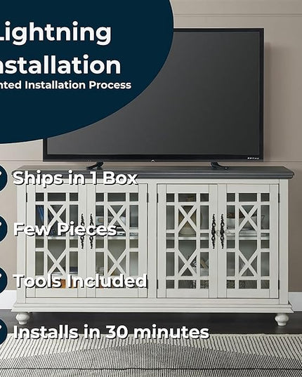 Martin Svensson Home Elegant TV Stand, 63" W x 35" H, White with Grey Top - LeafyLoom